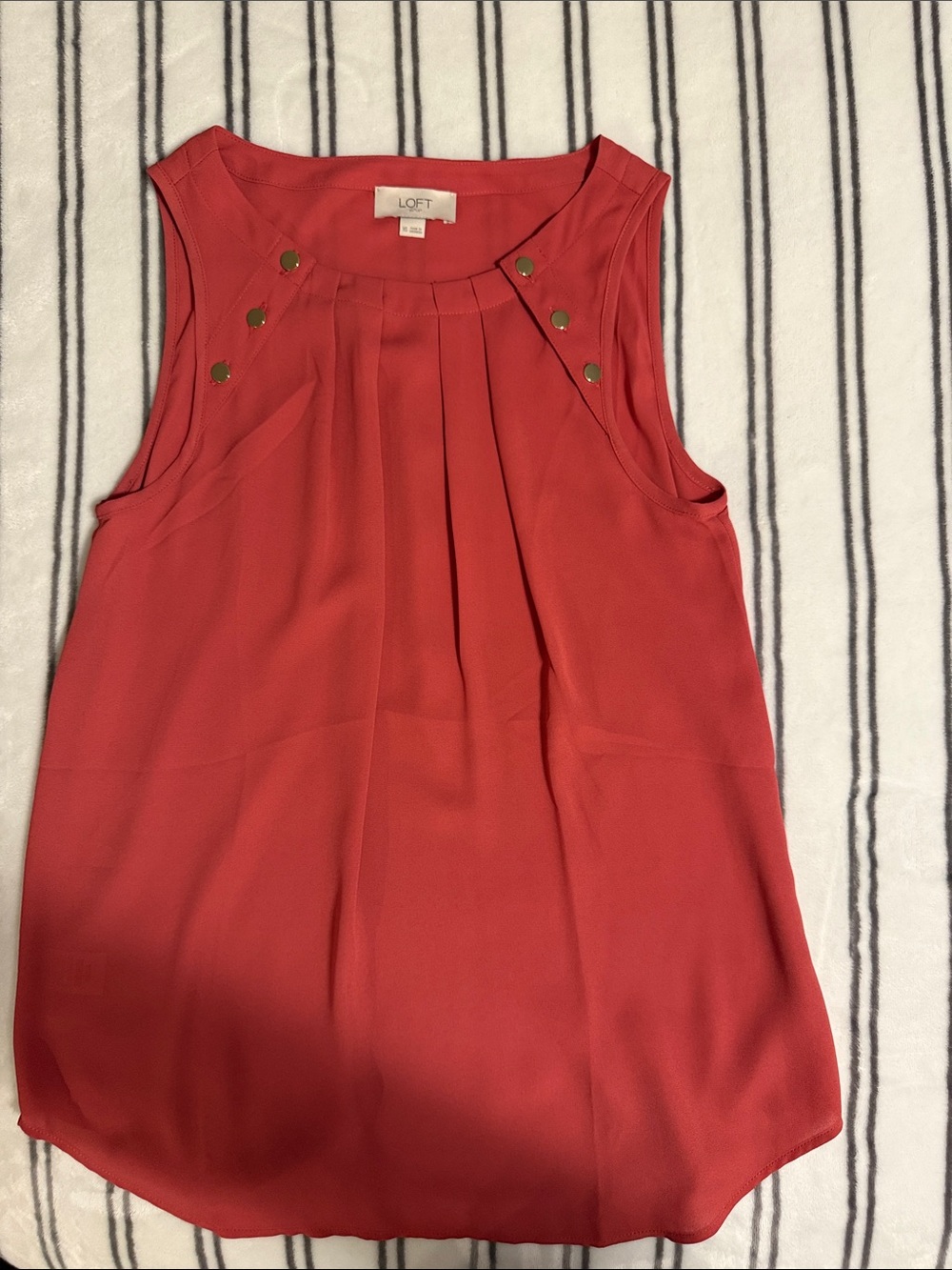 LOFT Coral Red Sleeveless Pleated Shell Top with Gold Buttons